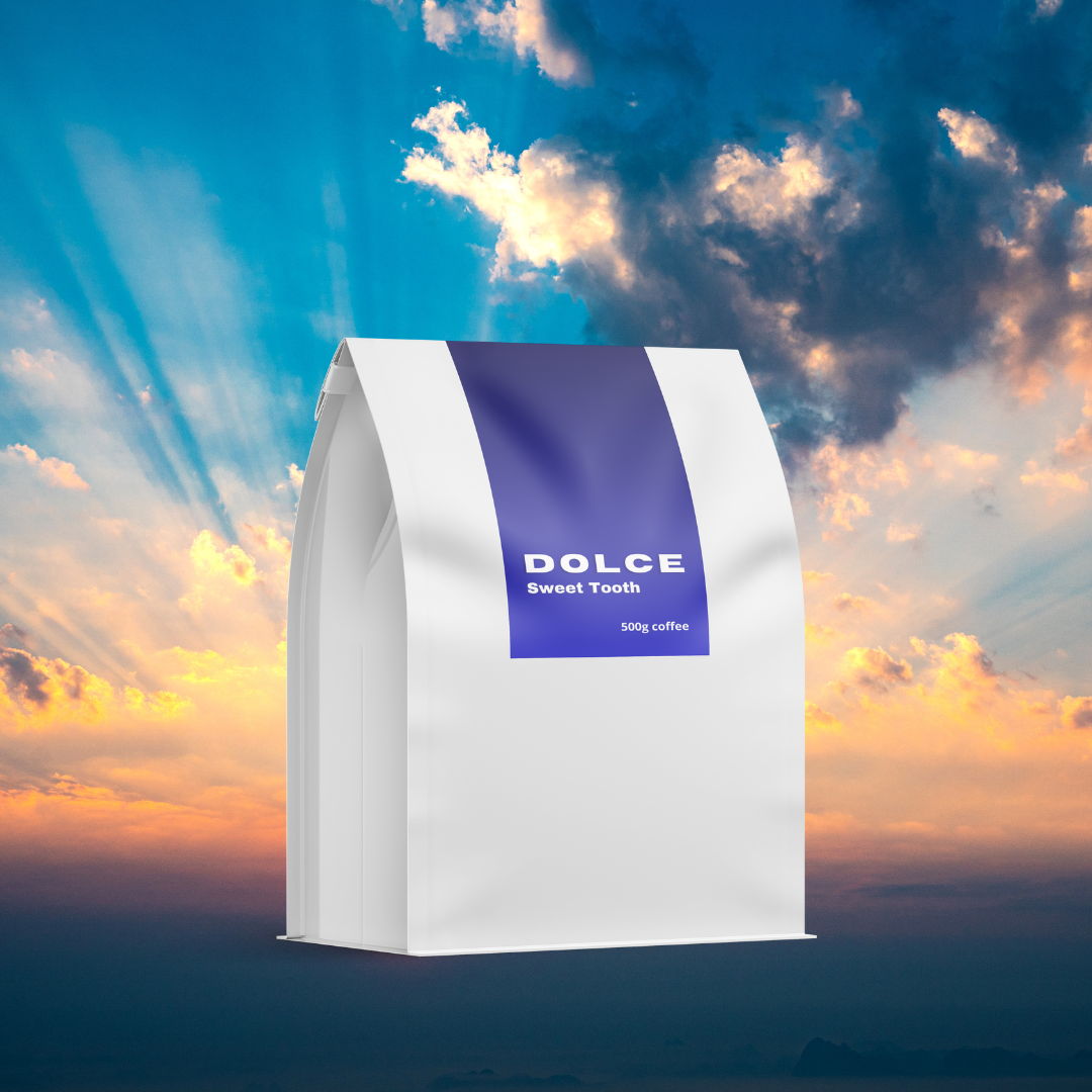 Dolce coffee bag with a sunset sky background