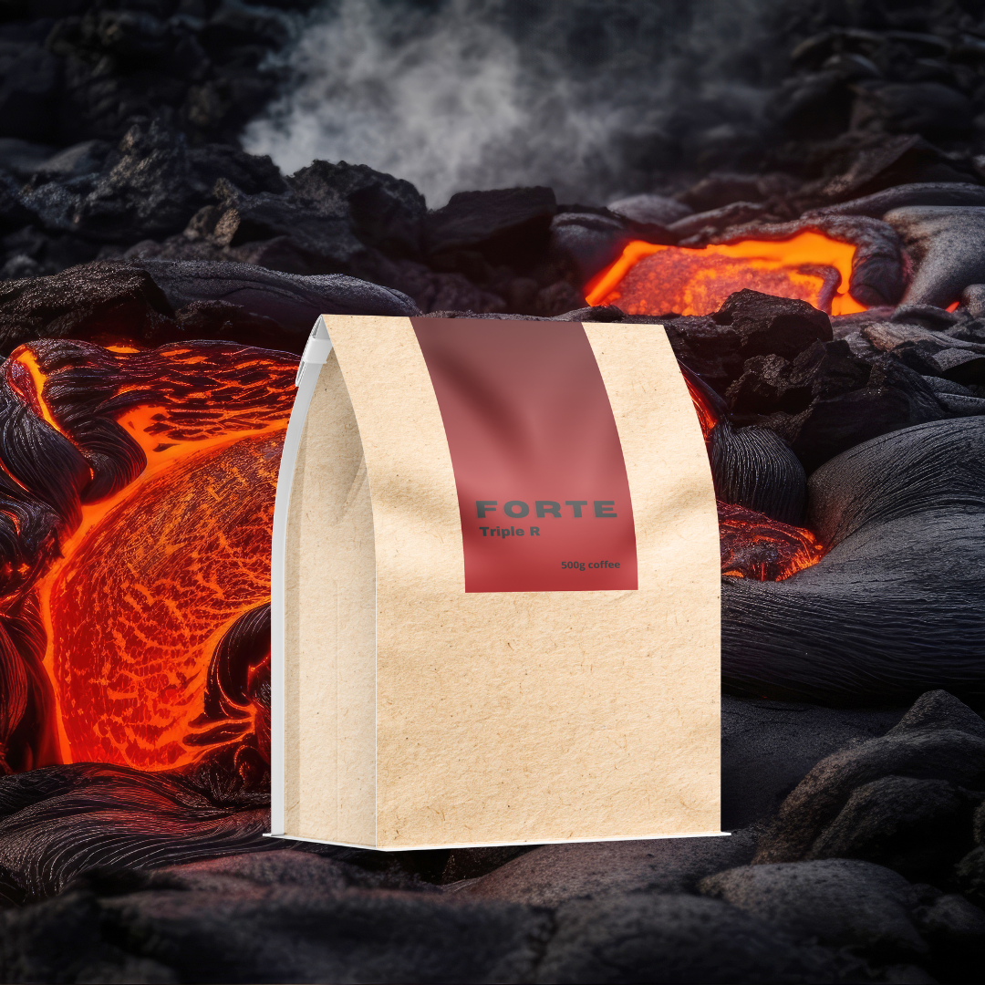 Coffee bag labeled 'Forte' in front of a volcanic lava flow