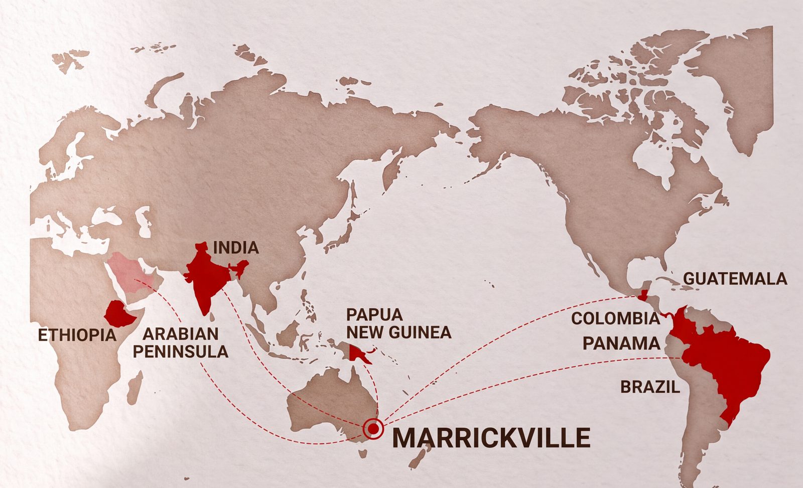 World map marking the eight coffee origins with routes to the roastery in Australia