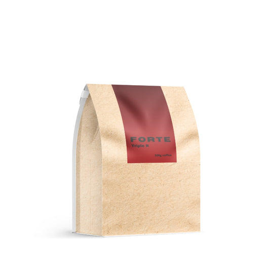 Kraft paper coffee bag with a red label on a white background