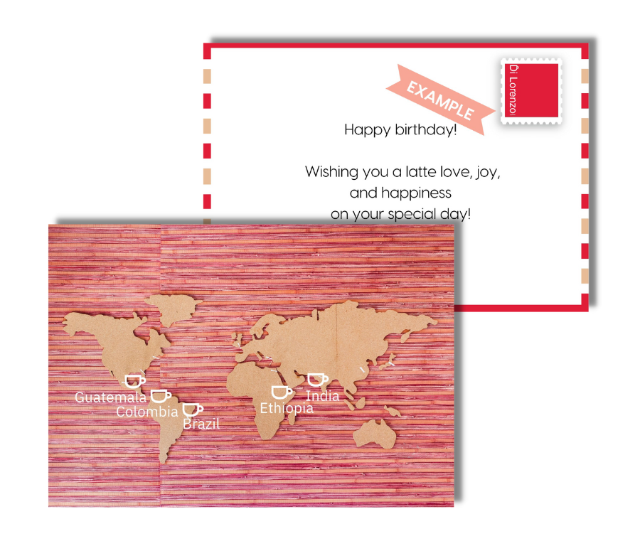 This is a greeting card with di Lorenzo little red cup over a map with coffee from Guatemala Colombia Brazil Ethiopia and India where Di Lorenzo source the coffee. The back of the card has an example message that can be fully personalised
