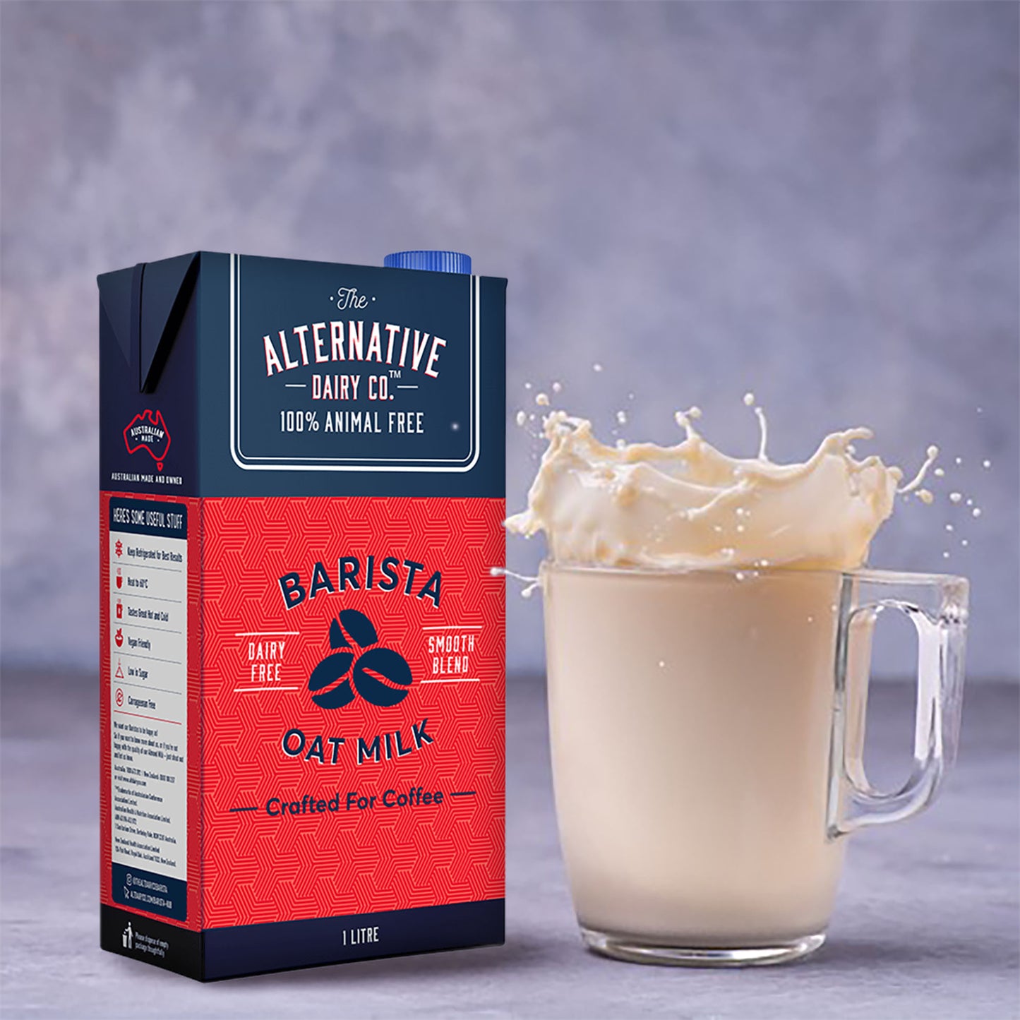 Alternative Dairy Co. Oat Milk carton of one litre blue and red label next a cup of Di Lorenzo, the best coffee in Australia 