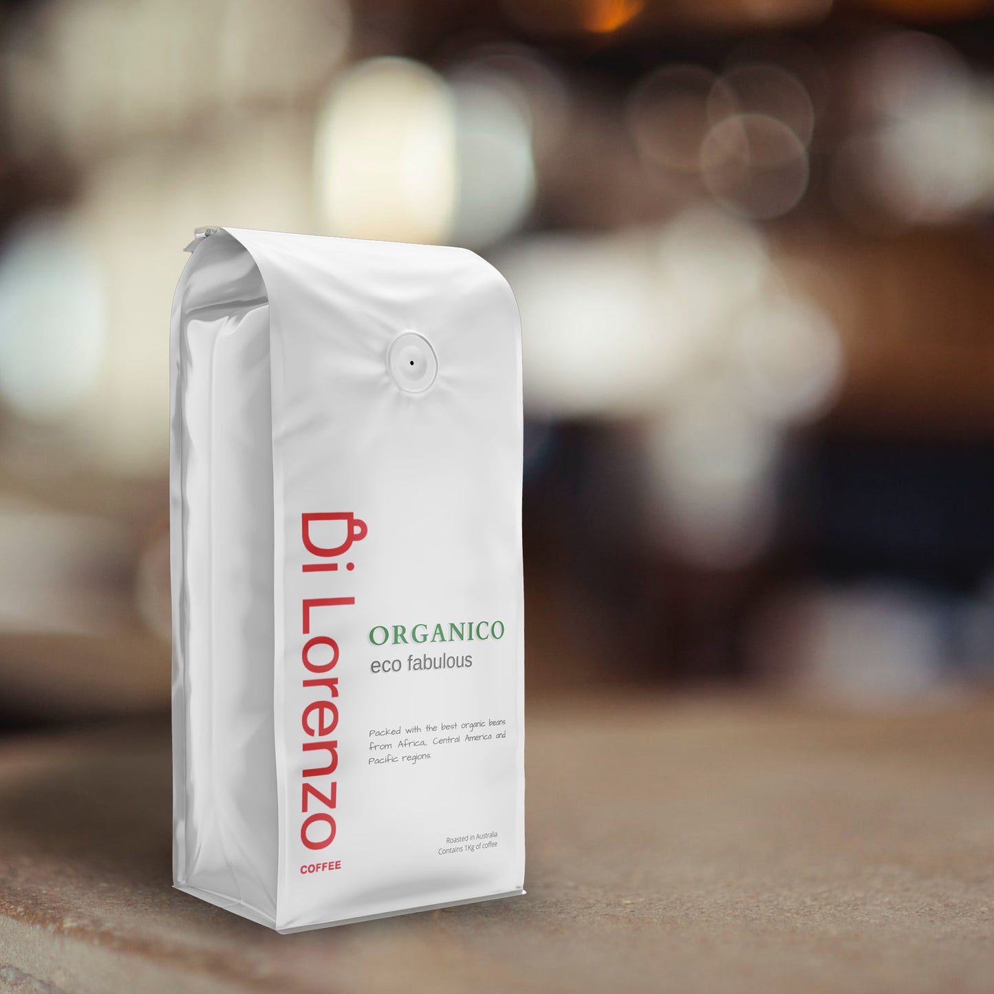 Bag of Organic Best quality di lorenzo coffee beans, the bag is white and it desbribe the eco-fabolous coffee beans, the bets organic coffee espresso in australia