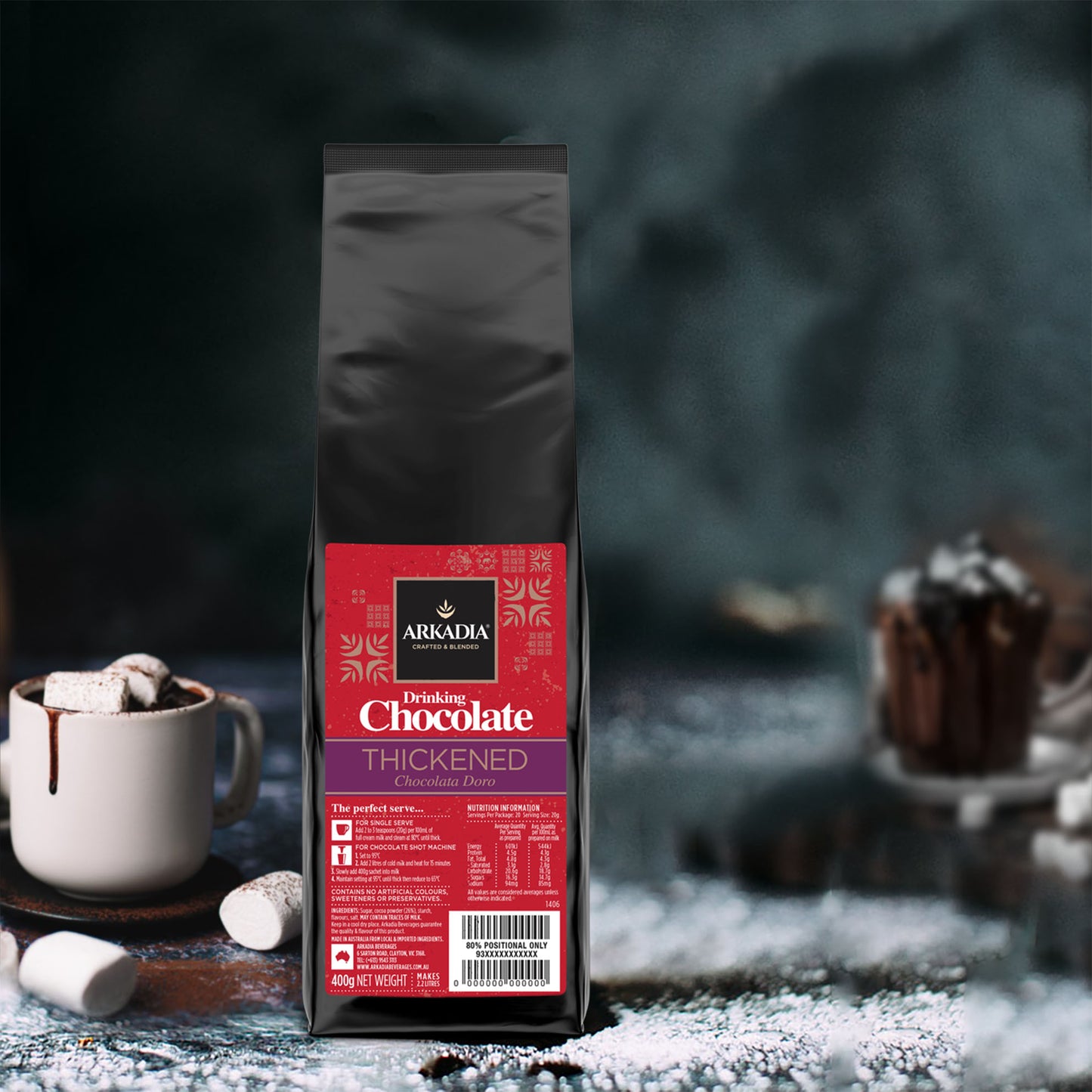 One black pack of chocolate, with a red label next to a thick got chocolate cup, filled with marshmallow, on the background premium best coffee beans and di lorenzo red coffee bag 
