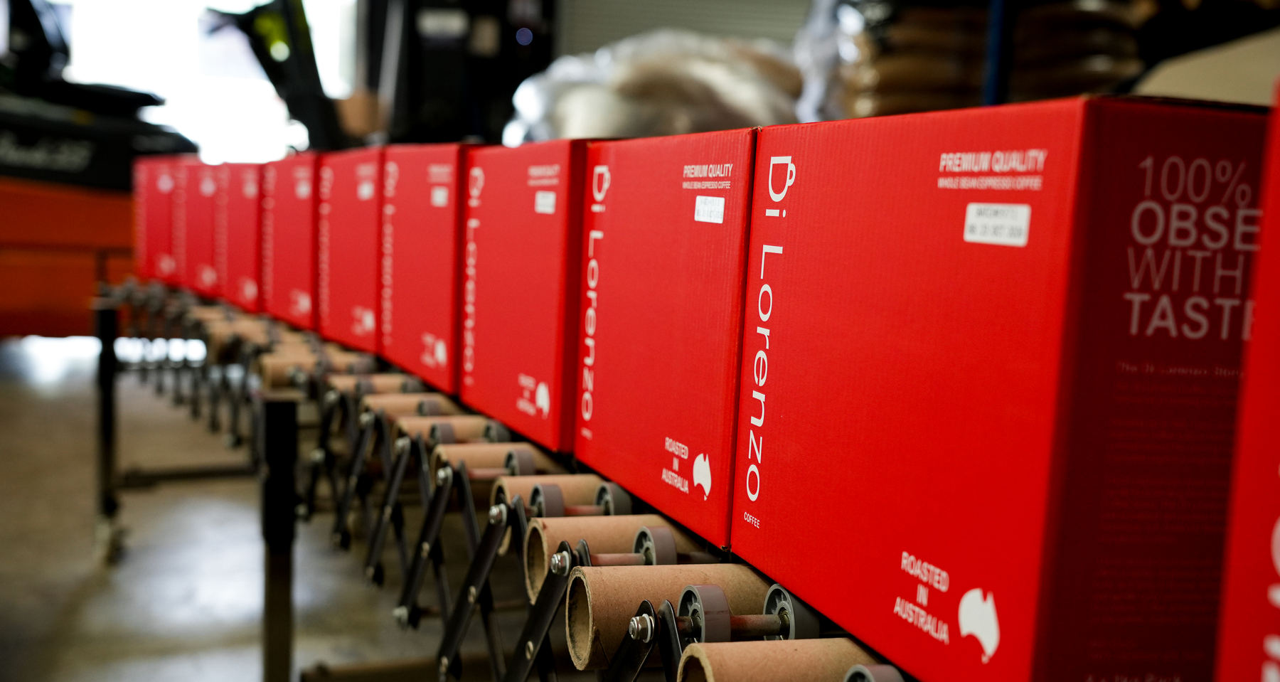Red 1kg bags lined up on the packing line